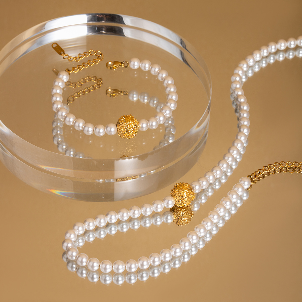 1 Piece Simple Elegant Style Beads Shape Stainless Steel 18K Gold Plated Inlay Artificial Pearl Women's Beaded Necklace 